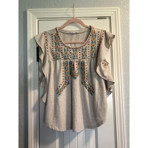 THML Anthropologie Beige Medium Ruffle Flutter Sleeve Embroidered Aztec Boho Top